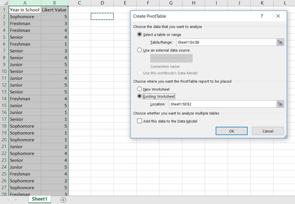 Insert menu for adding a pivot table in Excel