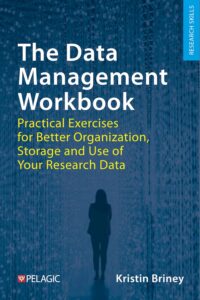 Cover of The Data Management Workbook. Background is blue, with the outline of a woman facing away in the middle of the page.